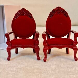 Dollhouse Miniature Vintage Chair Flocking Seat Red Mahogany Chairs Set Of Two